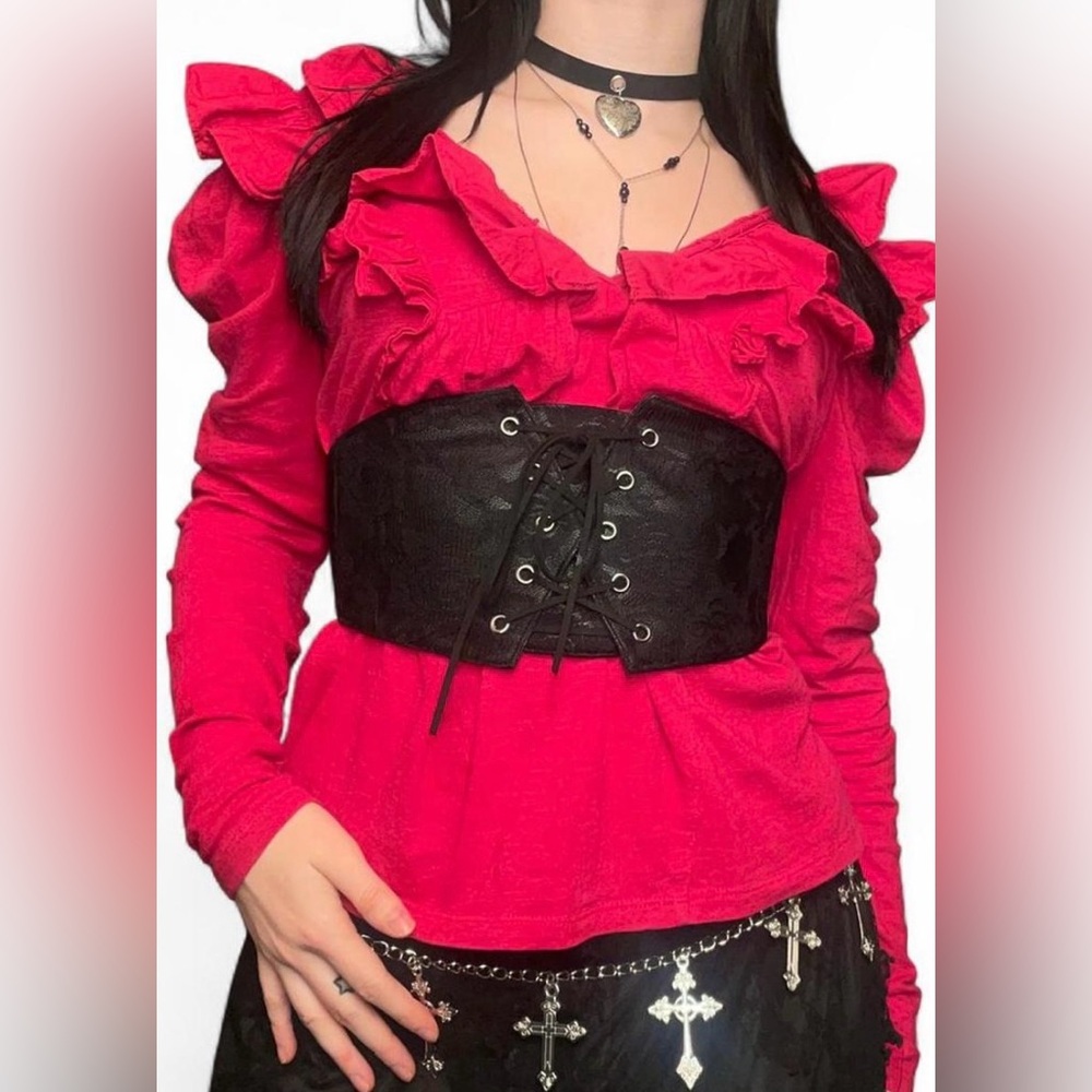 pinkish red anthropologie ruffled pirate top
